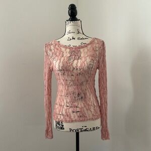 Eased Pink Lace Overlay Sheer Long Sleeve Top M